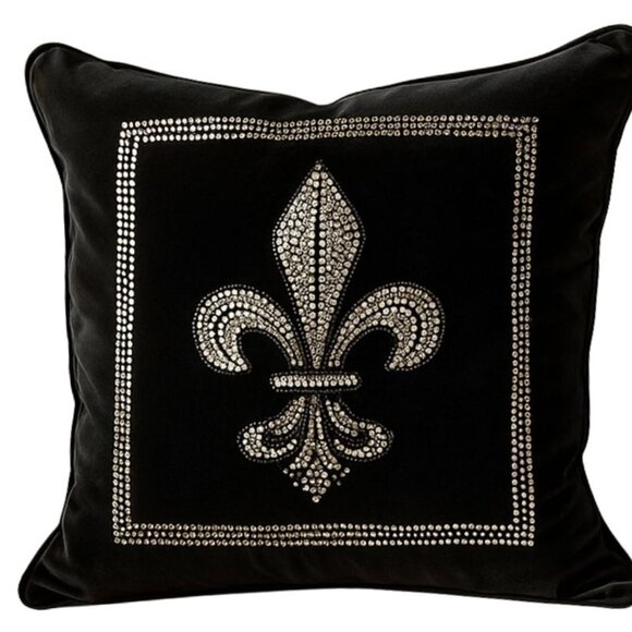 Black Velvet Swarovski Crystal Fleur-de-Lis Pillow Cover 20x20 - Picture 1 of 5
